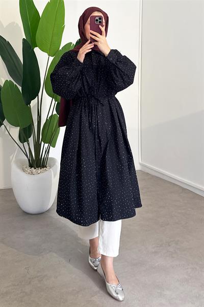 Taşlı Uzun Gabardin Gömlek - Siyah