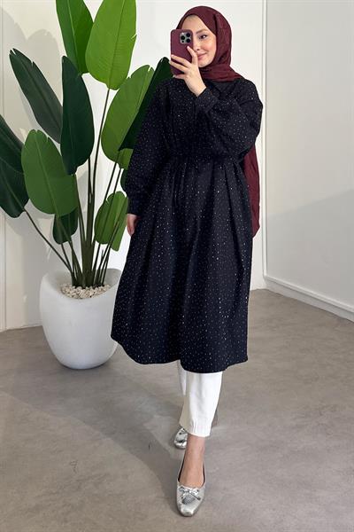 Taşlı Uzun Gabardin Gömlek - Siyah