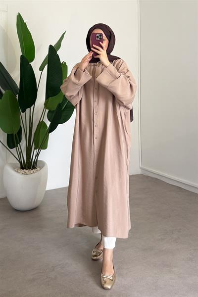 Tensel Uzun Gömlek Elbise - Bej
