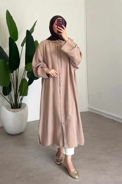 Tensel Uzun Gömlek Elbise - Bej
