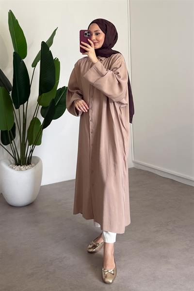 Tensel Uzun Gömlek Elbise - Bej