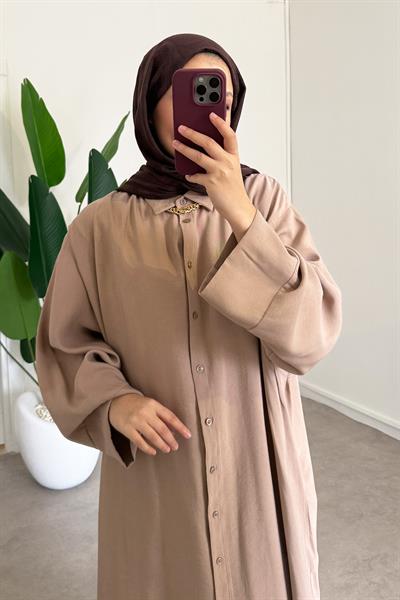 Tensel Uzun Gömlek Elbise - Bej