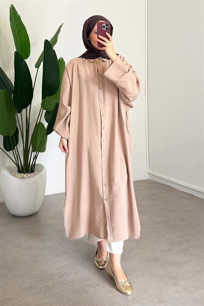 Tensel Uzun Gömlek Elbise - Bej