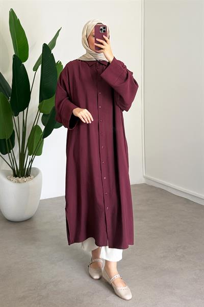 Tensel Uzun Gömlek Elbise - Bordo
