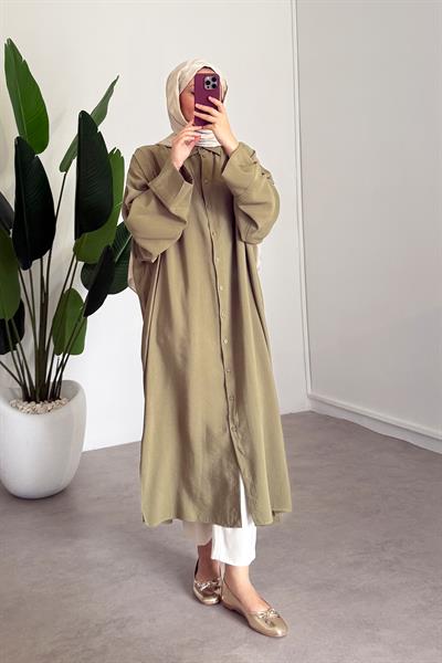 Tensel Uzun Gömlek Elbise - Olive