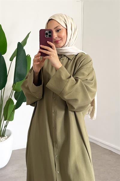 Tensel Uzun Gömlek Elbise - Olive