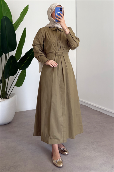 Tokalı Elbise - Haki Yeşil