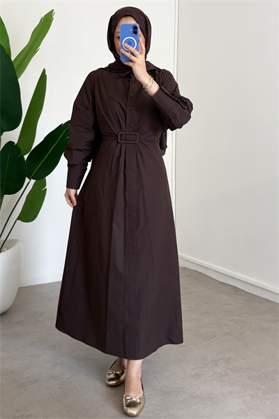 Tokalı Elbise - Kahverengi