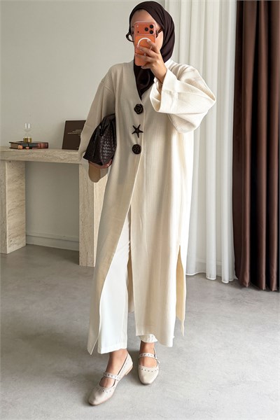 Triko Kimono Elbise - Ekru