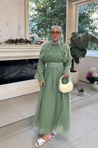 TÜL MODAL ELBİSE 31-3370 - ÇAGLA YEŞİL