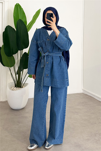 V Yaka Denim Takım - Açık Kot