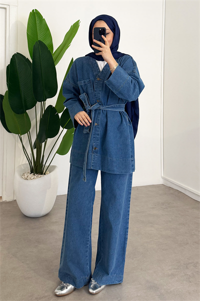 V Yaka Denim Takım - Açık Kot