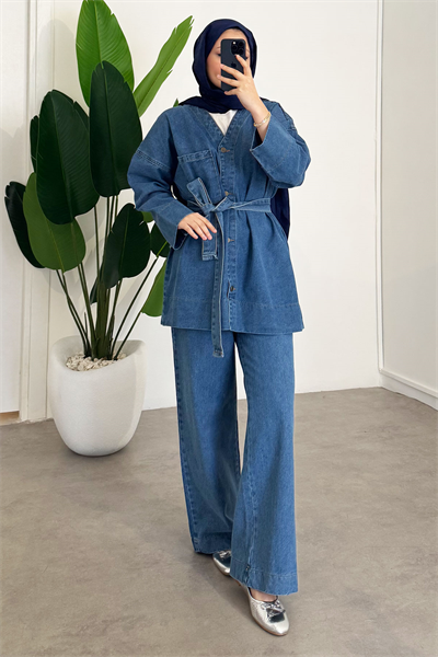 V Yaka Denim Takım - Açık Kot