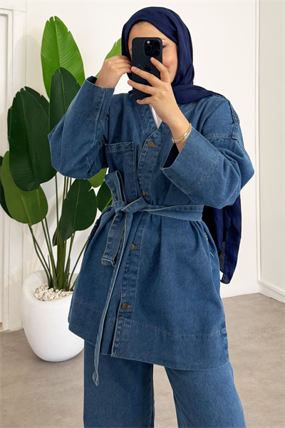 V Yaka Denim Takım - Açık Kot