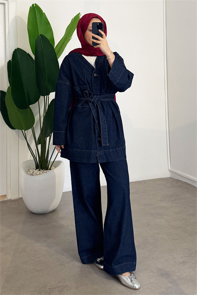 V Yaka Denim Takım - Koyu Kot