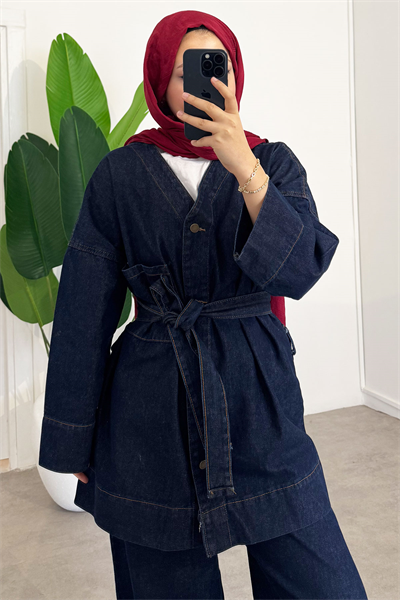 V Yaka Denim Takım - Koyu Kot