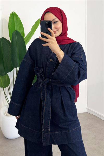 V Yaka Denim Takım - Koyu Kot