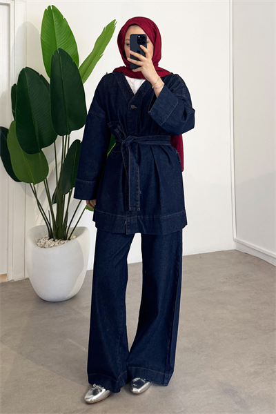 V Yaka Denim Takım - Koyu Kot