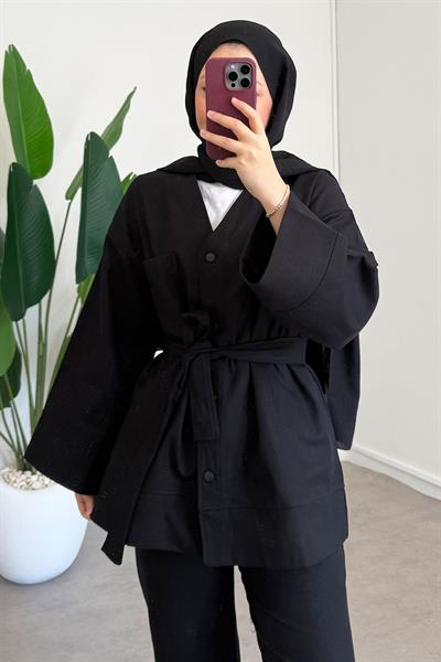 V Yaka Gabardin Takım - Siyah