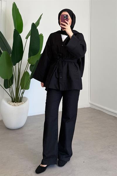 V Yaka Gabardin Takım - Siyah