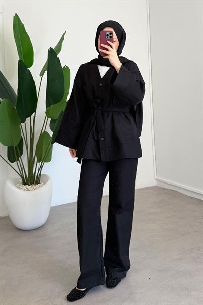 V Yaka Gabardin Takım - Siyah