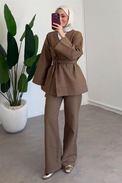 V Yaka Gabardin Takım - Vizon