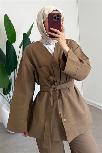 V Yaka Gabardin Takım - Vizon