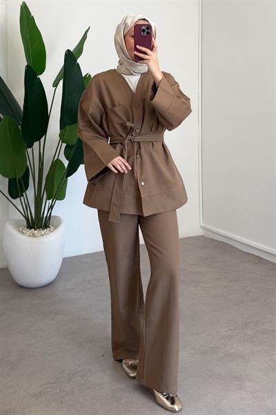 V Yaka Gabardin Takım - Vizon