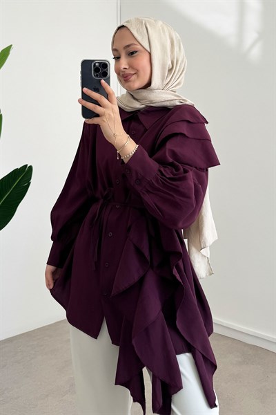Volanlı Modal Gömlek -Bordo