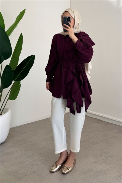 Volanlı Modal Gömlek -Bordo