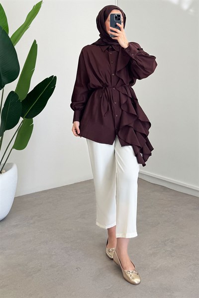 Volanlı Modal Gömlek - Kahverengi