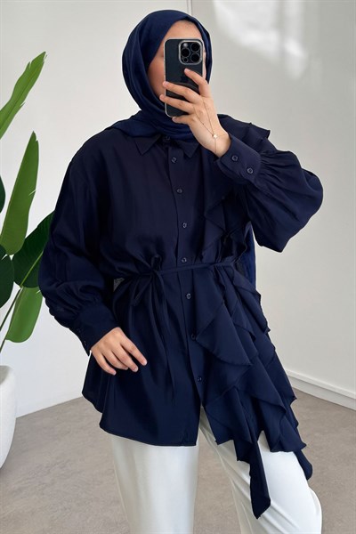 Volanlı Modal Gömlek - Lacivert