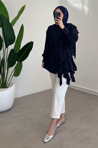 Volanlı Modal Gömlek - Lacivert