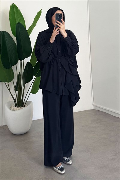 Volanlı Modal Takım - Siyah 