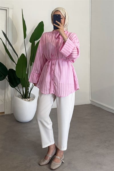 Yaka Baglama Gömlek - Pembe
