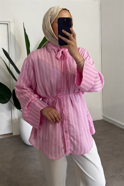 Yaka Baglama Gömlek - Pembe