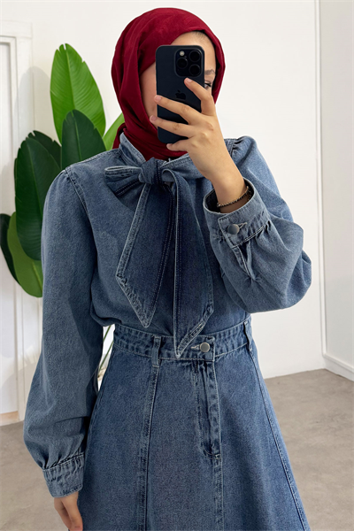 Yaka Bağlamalı Denim Takım - Açık Kot