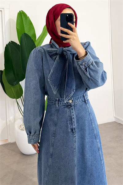 Yaka Bağlamalı Denim Takım - Açık Kot