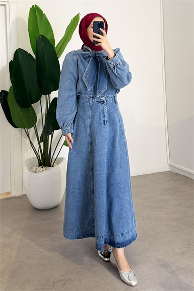Yaka Bağlamalı Denim Takım - Açık Kot