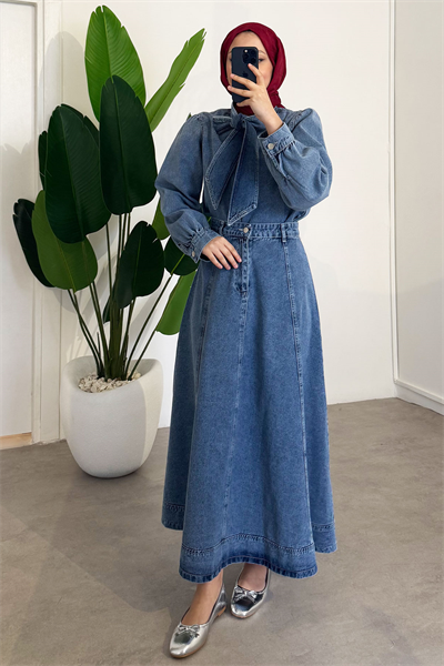 Yaka Bağlamalı Denim Takım - Açık Kot