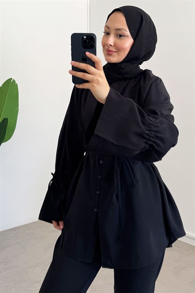 Yaka Büzgülü Takım - Siyah