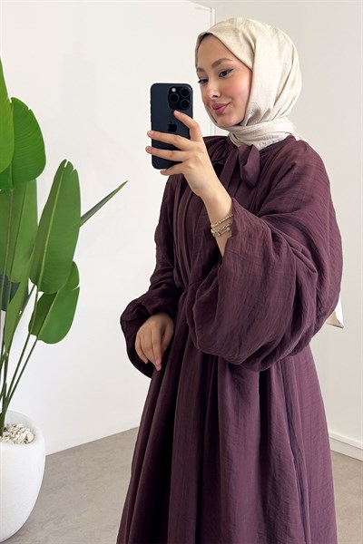 Yaka Detaylı Astarlı Elbise - Bordo