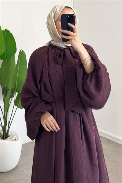 Yaka Detaylı Astarlı Elbise - Bordo