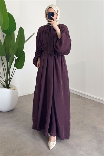 Yaka Detaylı Astarlı Elbise - Bordo