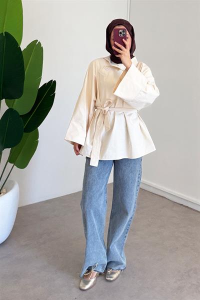 Yaka Düğmeli Tunik - Krem