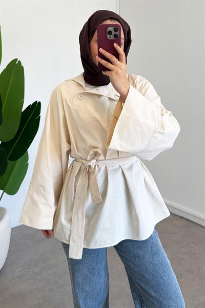 Yaka Düğmeli Tunik - Krem