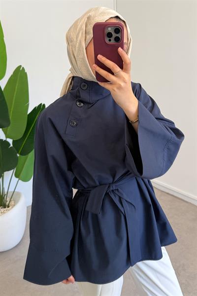Yaka Düğmeli Tunik - Lacivert