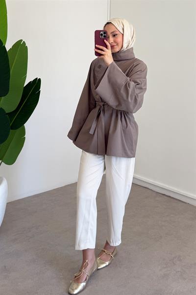 Yaka Düğmeli Tunik - Vizon