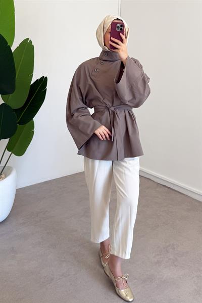 Yaka Düğmeli Tunik - Vizon