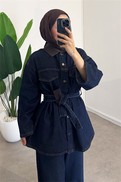 Yaka Garnili Denim Takım - Koyu Kot